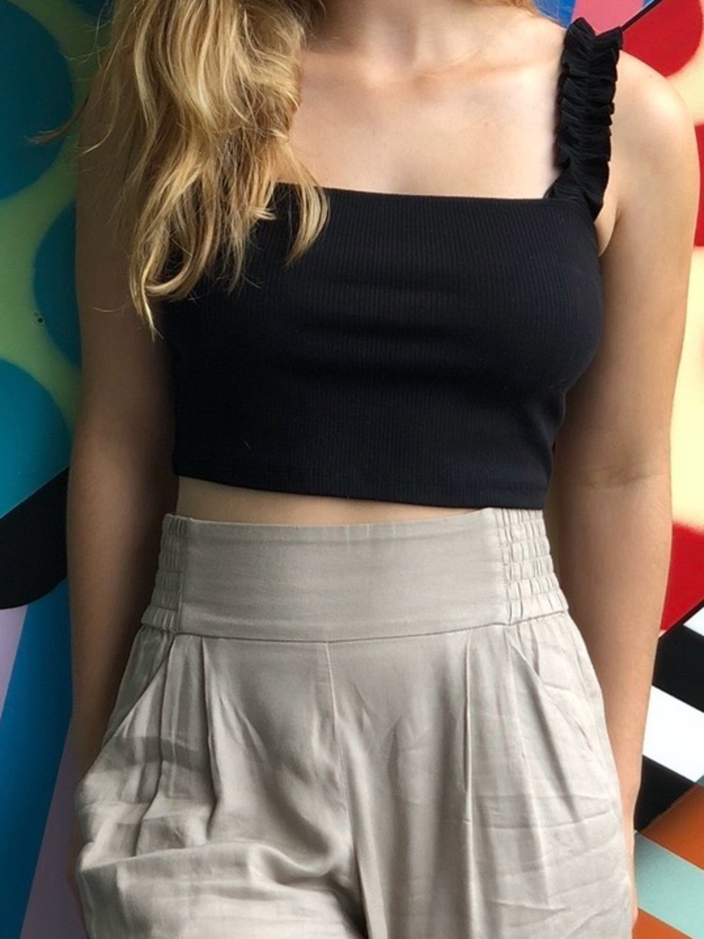 Aritzia Black Ribbed Crop Top with Ruffled Strap